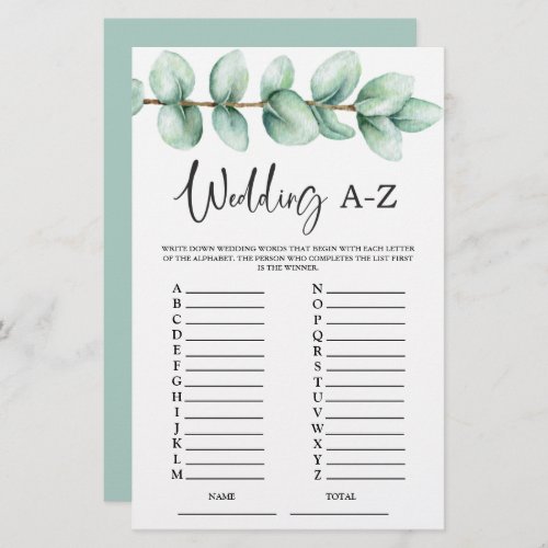 Budget Wedding A_Z Eucalyptus Bridal Shower Game 