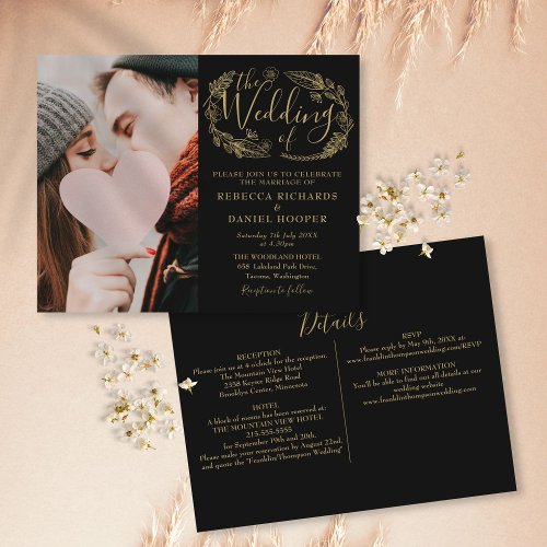 Budget Wedding Black Gold Details Photo Invite