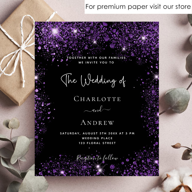 Budget wedding black purple glitter invitation