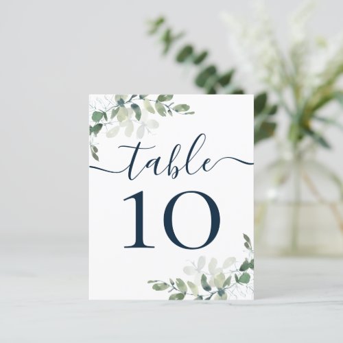 BUDGET Wedding Blue Text Eucalyptus Table Number