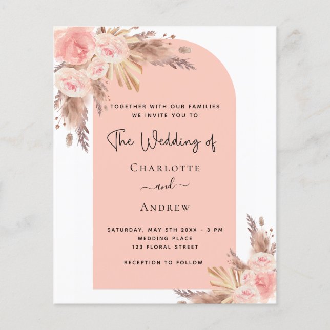 Budget wedding blush pampas grass rose invitation (Front)