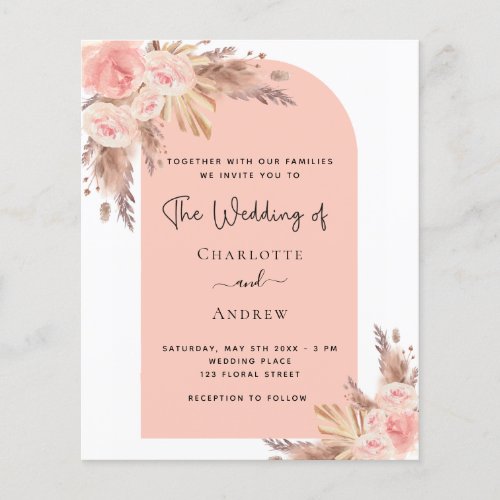 Budget wedding blush pampas grass rose invitation