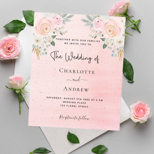Budget wedding blush pink floral invitation