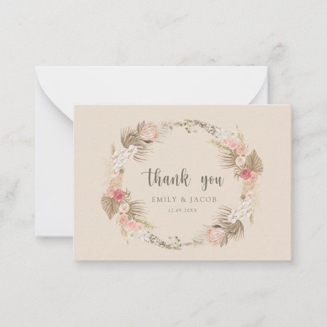 Budget wedding Boho floral wreath thank you Note Card (Front)
