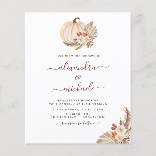 Budget Wedding Boho Pampas Grass White Pumpkin Flyer