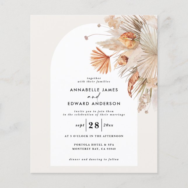 budget wedding botanical pampas grass invitation (Front)