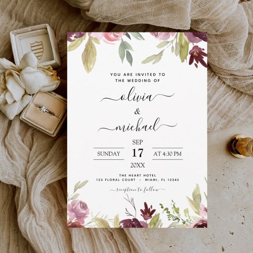 Budget Wedding Burgundy Pink Floral Invitation