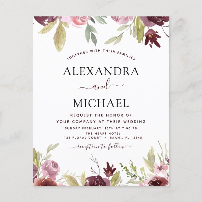 Budget Wedding Burgundy Pink Floral Invitation Flyer (Front)