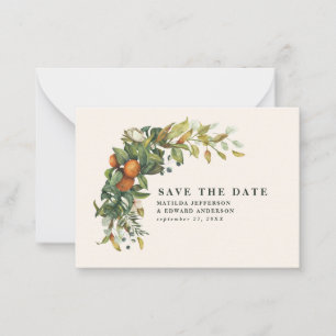 budget wedding citrus floral modern save the date note card