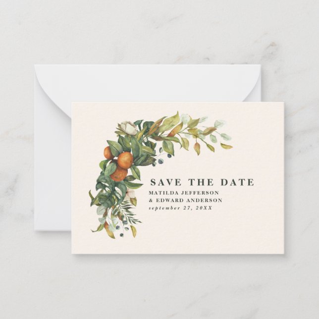 budget wedding citrus floral modern save the date note card (Front)