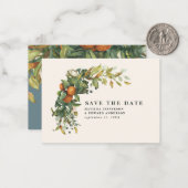 budget wedding citrus floral modern save the date note card (Front/Back In Situ)