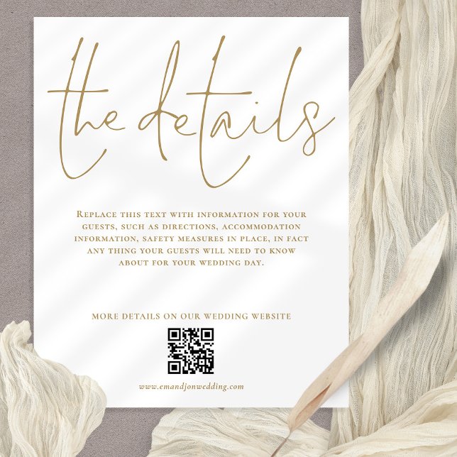 Budget Wedding Details QR Gold Script Enclosure (Budget price 4.5 x 5.6" details with QR code)