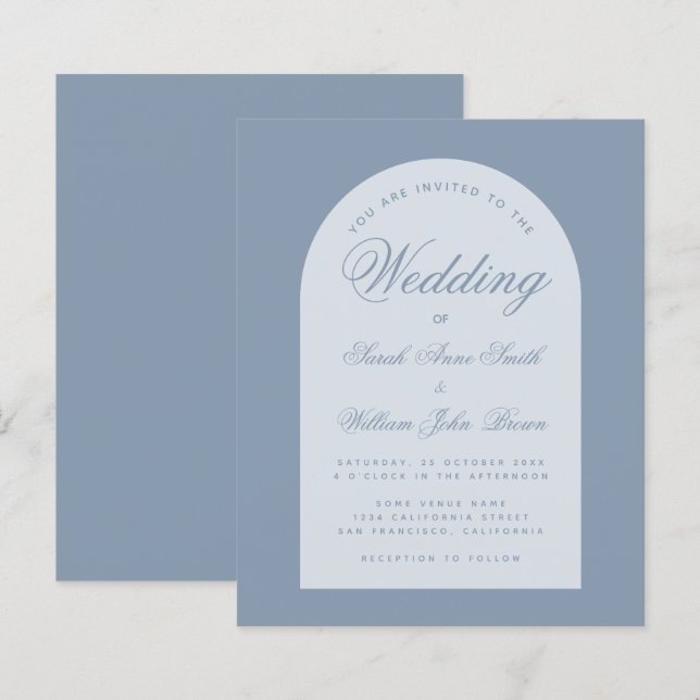Budget Wedding Dusty Blue Arch Script Invitation  (Front/Back)