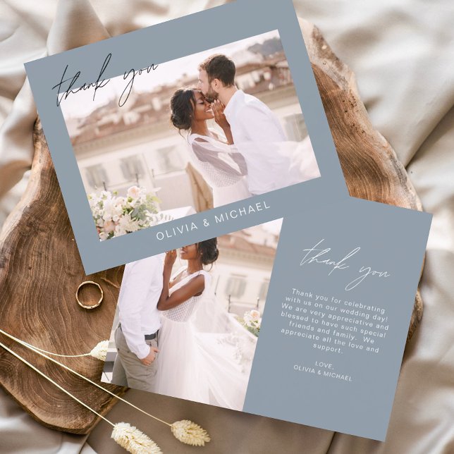 Budget Wedding Dusty Blue Photo Thank You Cards (Creator Uploaded)