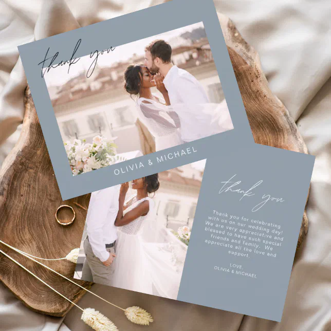 Budget Wedding Dusty Blue Photo Thank You Cards | Zazzle