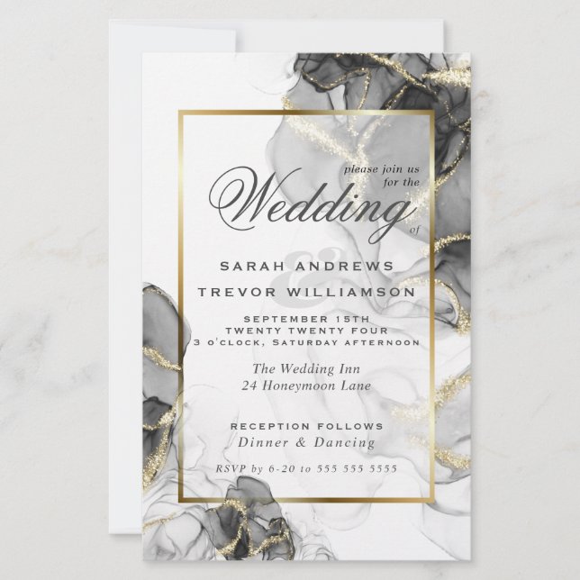 Budget Wedding Elegant Black Gold Alcohol Ink (Front)
