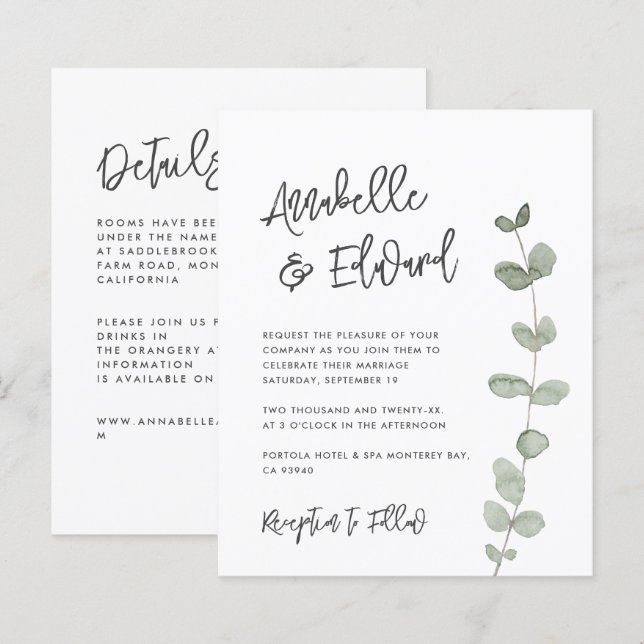 Budget Wedding eucalyptus details, invitation (Front/Back)