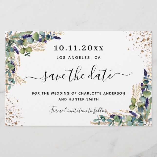 Budget wedding eucalyptus gold save the date (Front)