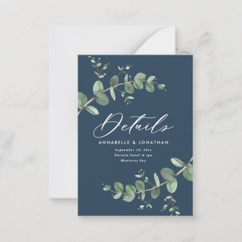 budget wedding eucalyptus navy blue details note card