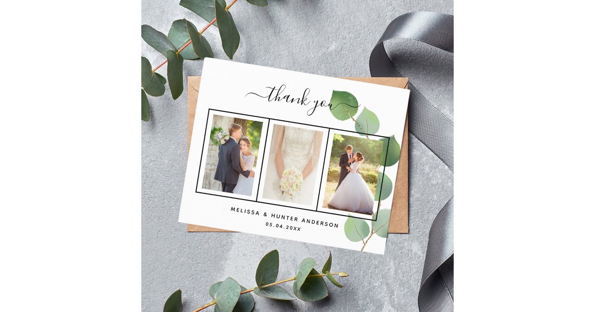 Budget wedding eucalyptus photo thank you card | Zazzle