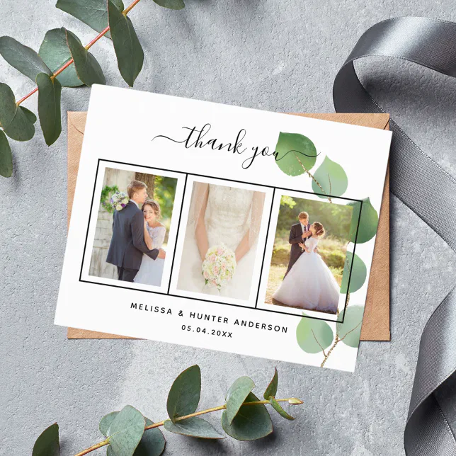 Budget wedding eucalyptus photo thank you card | Zazzle