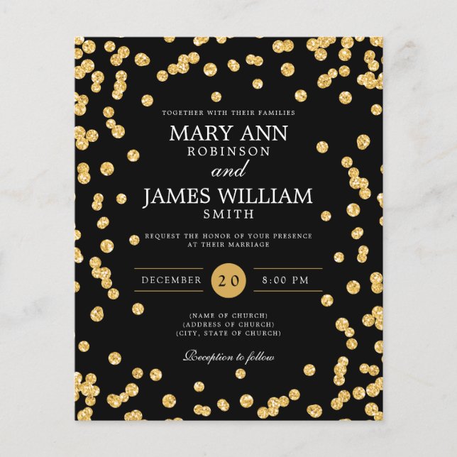 Budget Wedding Gold Glitter Confetti Black Invite Flyer (Front)