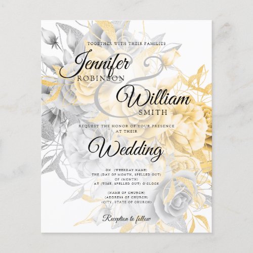Budget Wedding Gold  Silver Floral Invitation Flyer