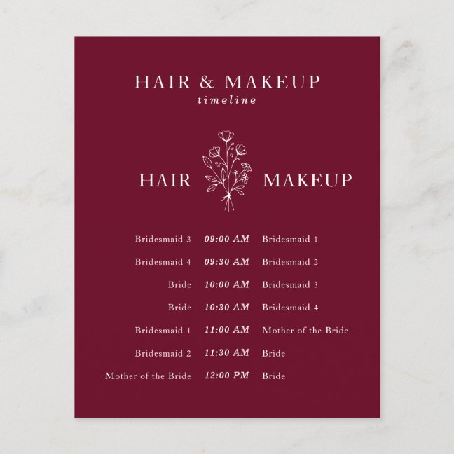 Budget Wedding Hair Makeup Timeline burgundy Flyer