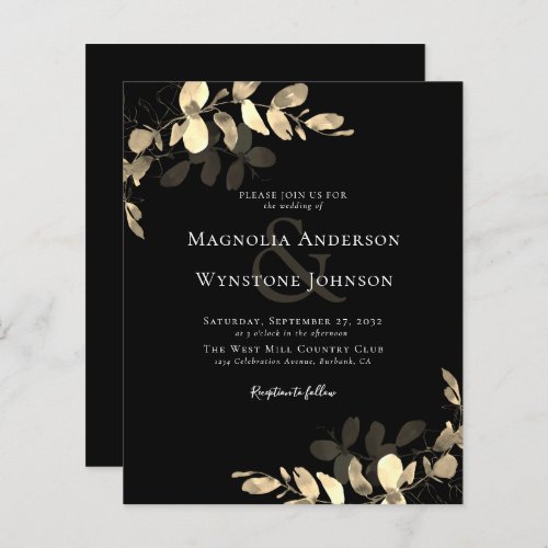 BUDGET Wedding Invitation  Black Gold Eucalyptus