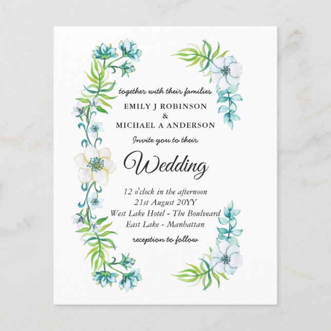 Budget Wedding Invitation Blue Floral Spring (Front)