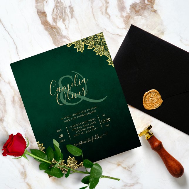 Budget Wedding Invitation Emerald Green Gold Lace Flyer (Creator Uploaded)