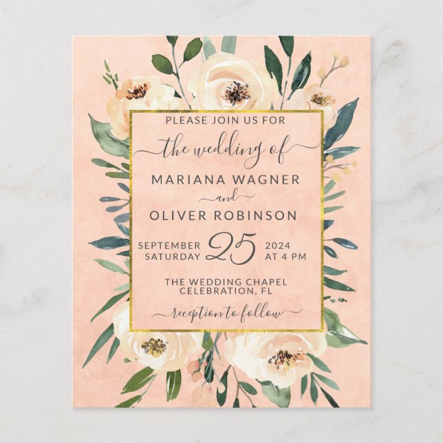 Budget Wedding Invitation Floral Beige Gold Pink  (Front)