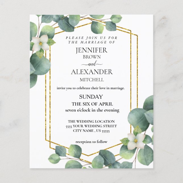 Budget Wedding Invitation foliage eucalyptus chic Flyer (Front)
