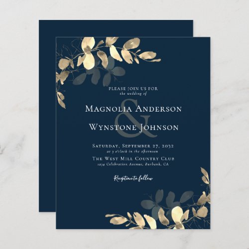 BUDGET Wedding Invitation  Navy Gold Eucalyptus