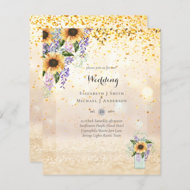 BUDGET WEDDING INVITATIONS - Rustic Sunflowers (Front/Back)