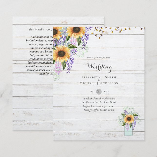 BUDGET WEDDING INVITATIONS - Rustic Sunflowers (Front/Back)