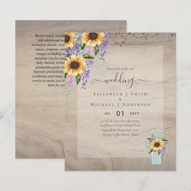 BUDGET WEDDING INVITATIONS Rustic Sunflowers CHIC (Front/Back)