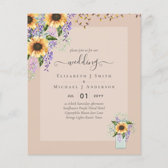 BUDGET WEDDING INVITATIONS Rustic Sunflowers CHIC Flyer (Front)
