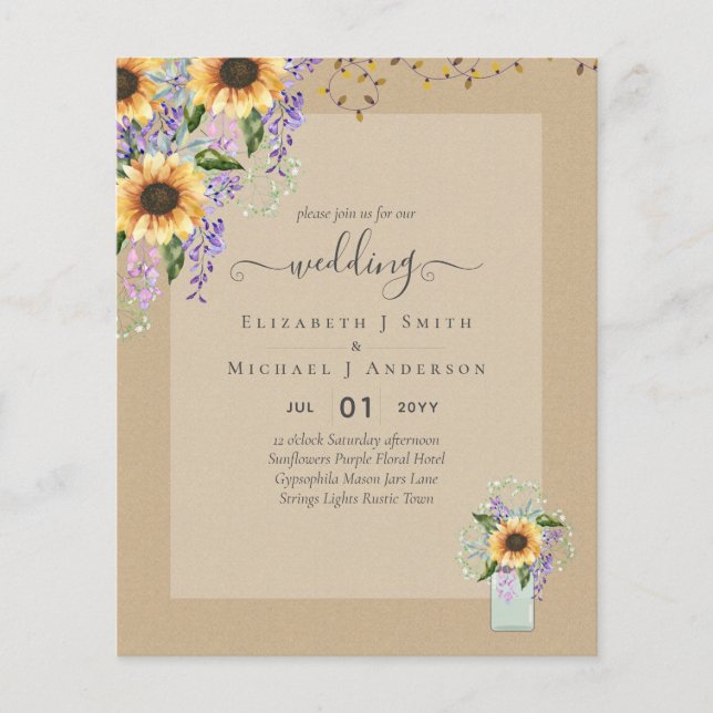 BUDGET WEDDING INVITATIONS Rustic Sunflowers CHIC Flyer (Front)