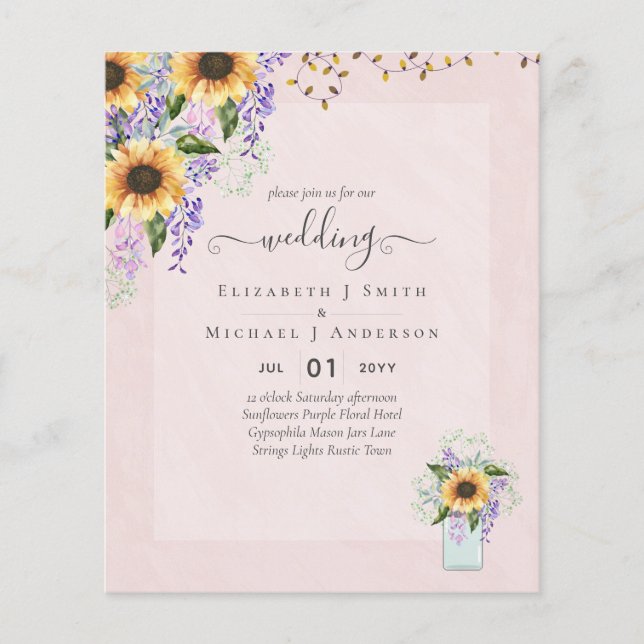 BUDGET WEDDING INVITATIONS Rustic Sunflowers CHIC Flyer (Front)
