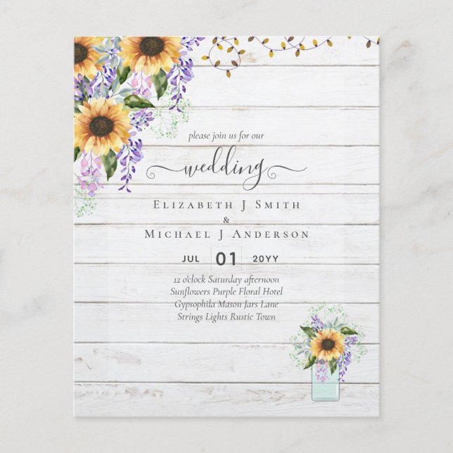 BUDGET WEDDING INVITATIONS Rustic Sunflowers CHIC Flyer (Front)