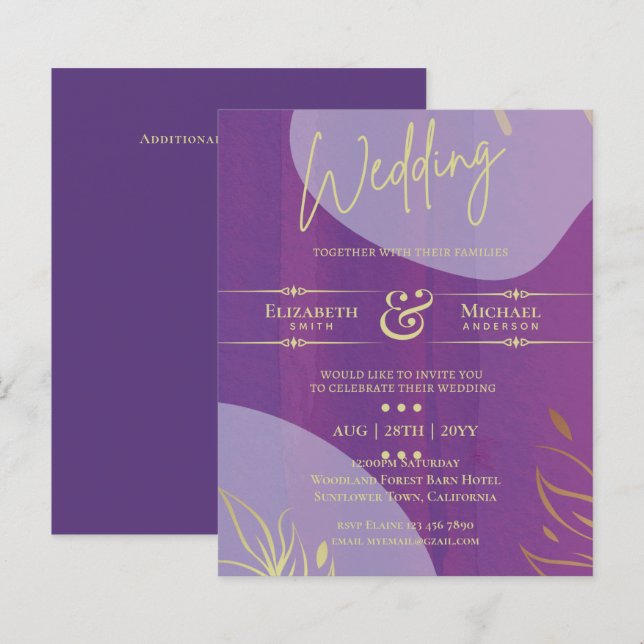 BUDGET Wedding Invite Lavender Purple Gold (Front/Back)