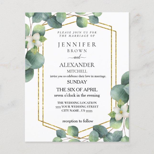 Budget Wedding Invite Rustic foliage eucalyptus Flyer (Front)
