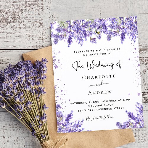 Budget wedding lavender violet glitter invitation