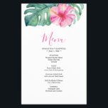 Budget Wedding Menu Tropical Hibiscus Flyer<br><div class="desc">These budget wedding menu sheets features a unique watercolor hibiscus flower and monstera palm leaf in shades of vibrant pink and green. The page reverses to a matching color. Use the template fields to DIY your custom wedding dinner menu. A tropical island chic choice for destination weddings, a bridal shower,...</div>