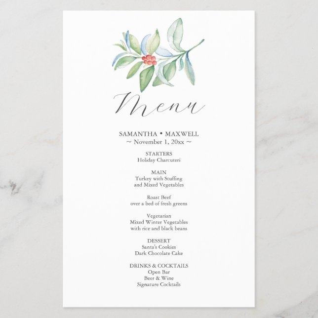 Budget Wedding Menu Winter Botanicals Flyer (Front)
