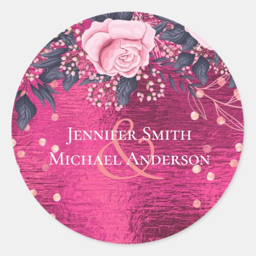 Budget Wedding Metallic Look Rosegold Pink Floral Classic Round Sticker