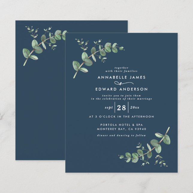 Budget Wedding navy blue Eucalyptus botanical (Front/Back)