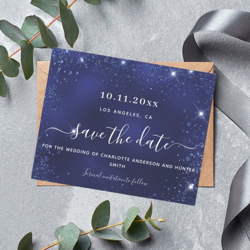 Budget wedding navy blue glitter sparkle save date