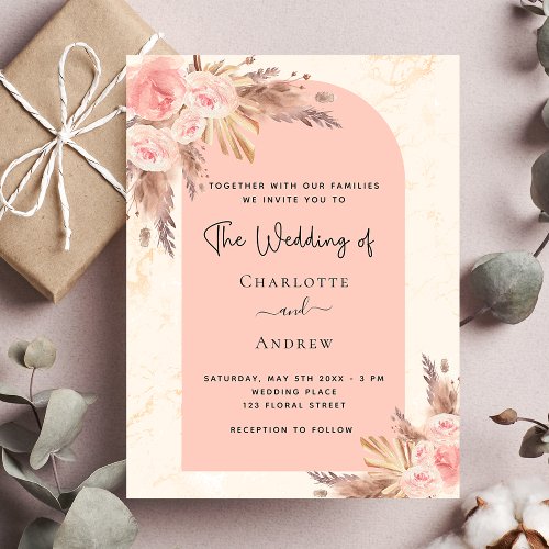 Budget wedding pampas rose blush boho invitation